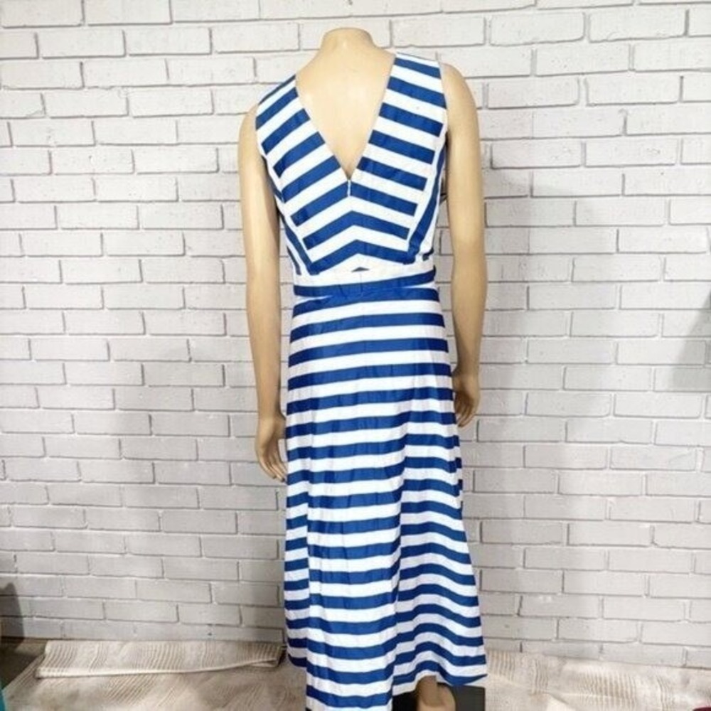 Boden Blue White Striped V-Neck Fit and Flare Midi Dress with Pockets Size 16R - Picture 7 of 14